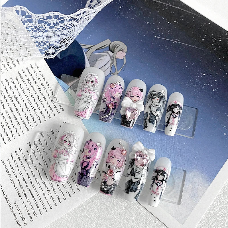 Kit com 10 Unhas Postiças Artesanais — Formato Caixão ABS | Estilo Maid Anime | Padrão Loli | Renda & Ballet