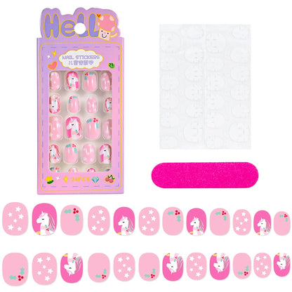 24 Pçs/caixa Unhas infantis para meninas, padrão de desenho animado, unhas postiças fofas para crianças, pontas de unhas falsas kawaii acrílicas artificiais de pressão na unha + ferramenta