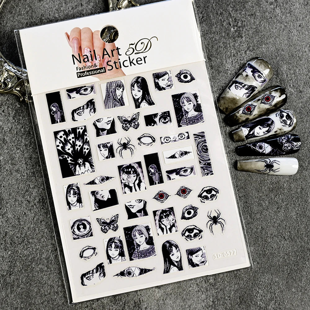 Adesivo de Unha 5D em Relevo para Halloween, Estilo Horror Japonês, Desenhos de Meninas, Aranha/Olhos, Decalques de Unhas de Personagens de Anime