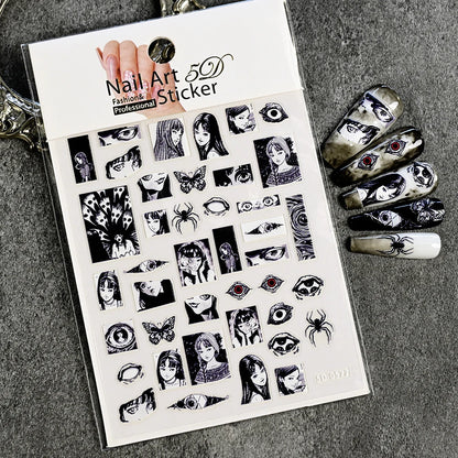Adesivo de Unha 5D em Relevo para Halloween, Estilo Horror Japonês, Desenhos de Meninas, Aranha/Olhos, Decalques de Unhas de Personagens de Anime