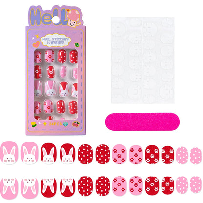24 Pçs/caixa Unhas infantis para meninas, padrão de desenho animado, unhas postiças fofas para crianças, pontas de unhas falsas kawaii acrílicas artificiais de pressão na unha + ferramenta