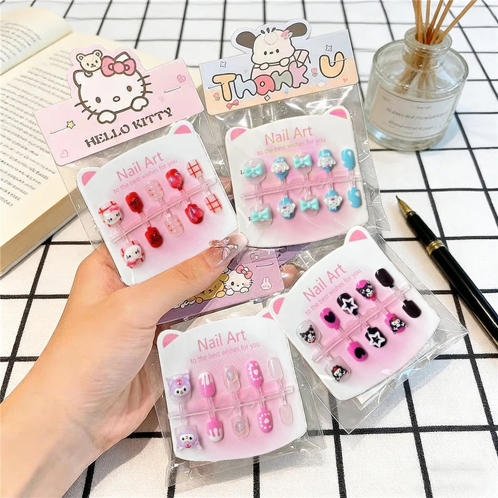 Unhas Postiças Infantis Sanrio, Desenho Animado Fofo Kuromi Hello Kitty, Unhas Falsas para Bebês, Presente para Meninas, Brinquedos, Pontas de Unha para Meninas