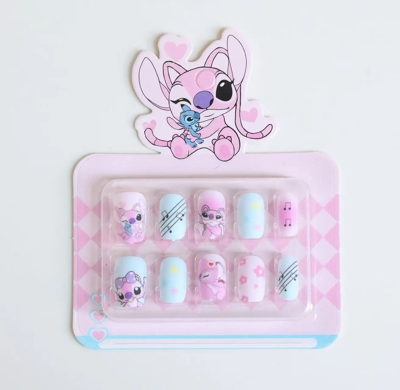 Dicas de unhas postiças infantis do Stitch da Disney, desenho animado, unhas postiças removíveis e fofas de anime para meninas, presente de Natal para crianças