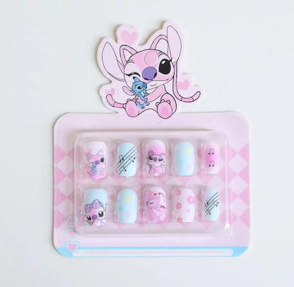 Dicas de unhas postiças infantis do Stitch da Disney, desenho animado, unhas postiças removíveis e fofas de anime para meninas, presente de Natal para crianças