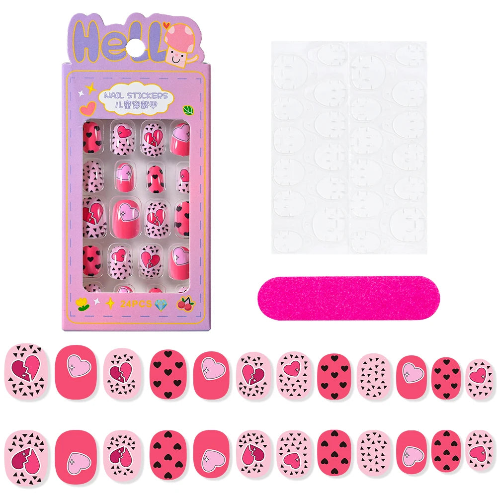 24 Pçs/caixa Unhas infantis para meninas, padrão de desenho animado, unhas postiças fofas para crianças, pontas de unhas falsas kawaii acrílicas artificiais de pressão na unha + ferramenta
