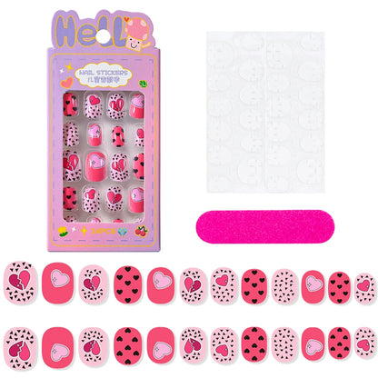 24 Pçs/caixa Unhas infantis para meninas, padrão de desenho animado, unhas postiças fofas para crianças, pontas de unhas falsas kawaii acrílicas artificiais de pressão na unha + ferramenta