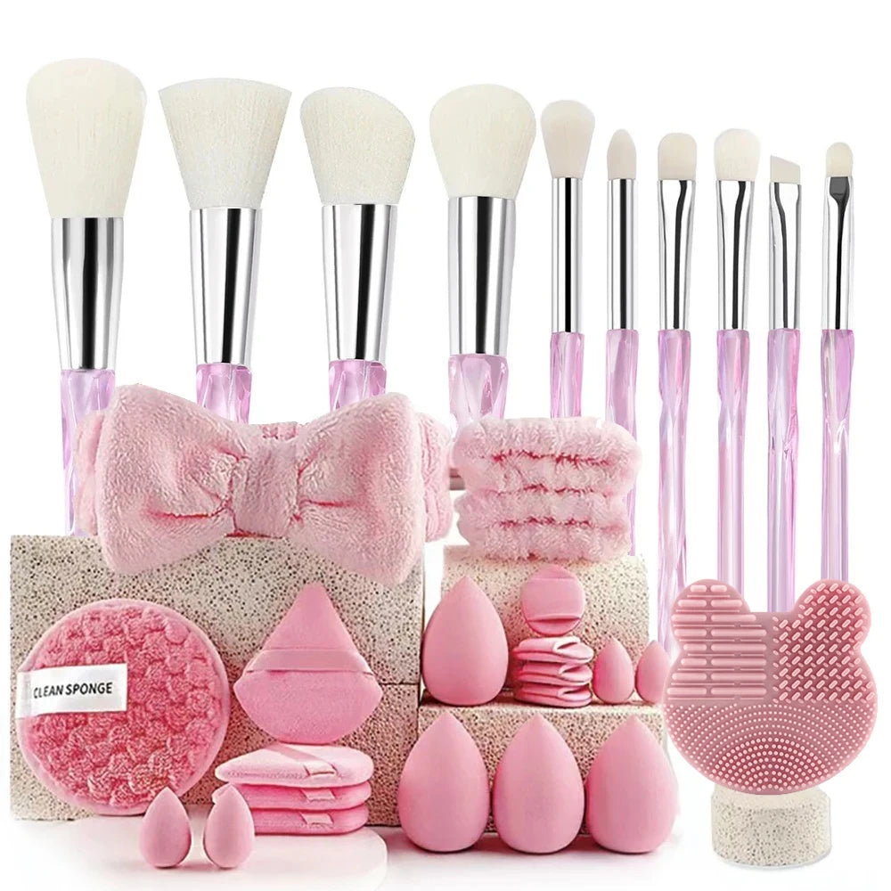 Conjunto de maquiagem de 33 peças, kit de beleza com esponjas de beleza grandes e pequenas para aplicação e remoção de maquiagem impecável, conjunto completo.