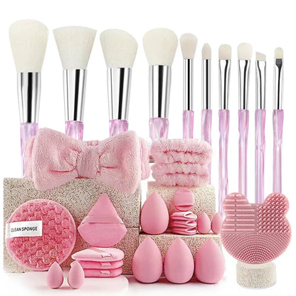 Conjunto de maquiagem de 33 peças, kit de beleza com esponjas de beleza grandes e pequenas para aplicação e remoção de maquiagem impecável, conjunto completo.