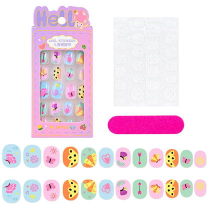 24 Pçs/caixa Unhas infantis para meninas, padrão de desenho animado, unhas postiças fofas para crianças, pontas de unhas falsas kawaii acrílicas artificiais de pressão na unha + ferramenta