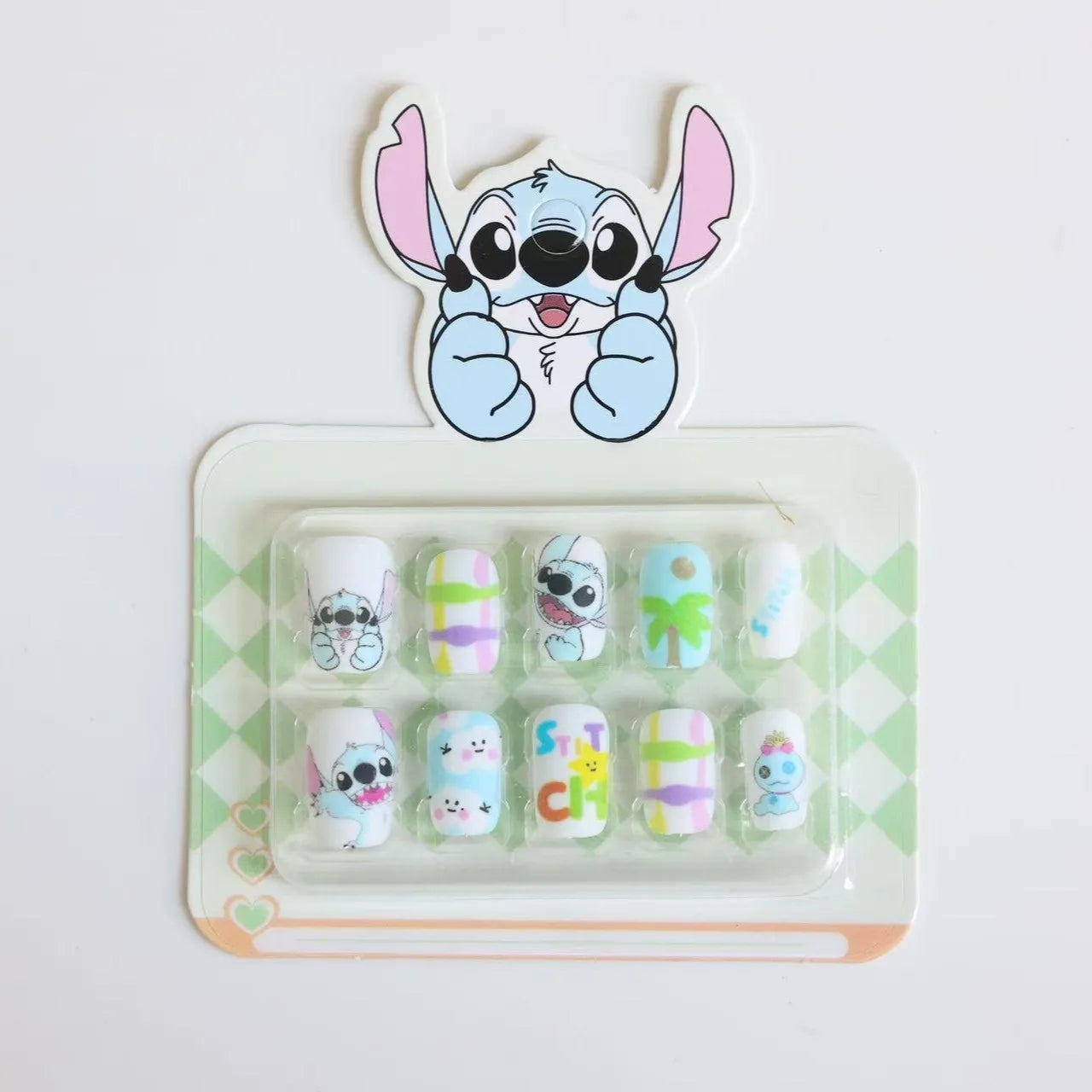 Dicas de unhas postiças infantis do Stitch da Disney, desenho animado, unhas postiças removíveis e fofas de anime para meninas, presente de Natal para crianças