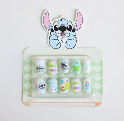 Dicas de unhas postiças infantis do Stitch da Disney, desenho animado, unhas postiças removíveis e fofas de anime para meninas, presente de Natal para crianças