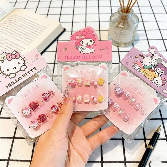 Unhas Postiças Infantis Sanrio, Desenho Animado Fofo Kuromi Hello Kitty, Unhas Falsas para Bebês, Presente para Meninas, Brinquedos, Pontas de Unha para Meninas