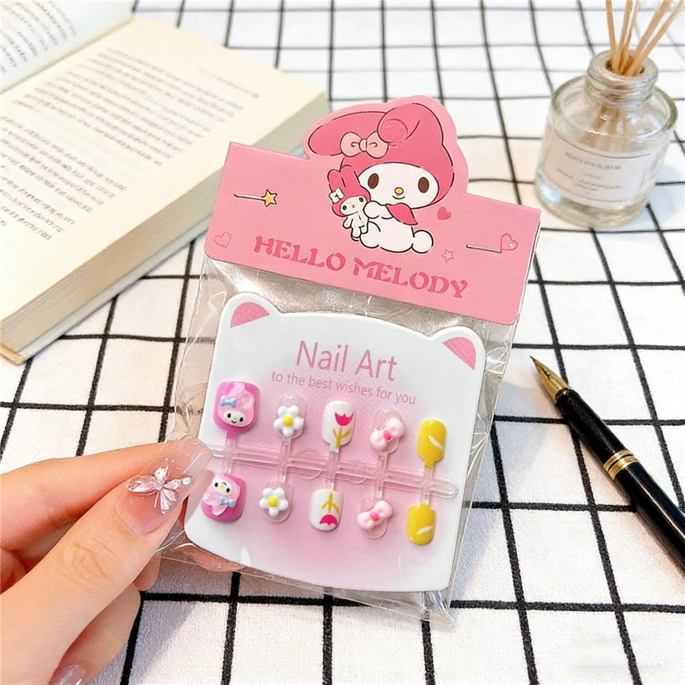 Unhas Postiças Infantis Sanrio, Desenho Animado Fofo Kuromi Hello Kitty, Unhas Falsas para Bebês, Presente para Meninas, Brinquedos, Pontas de Unha para Meninas