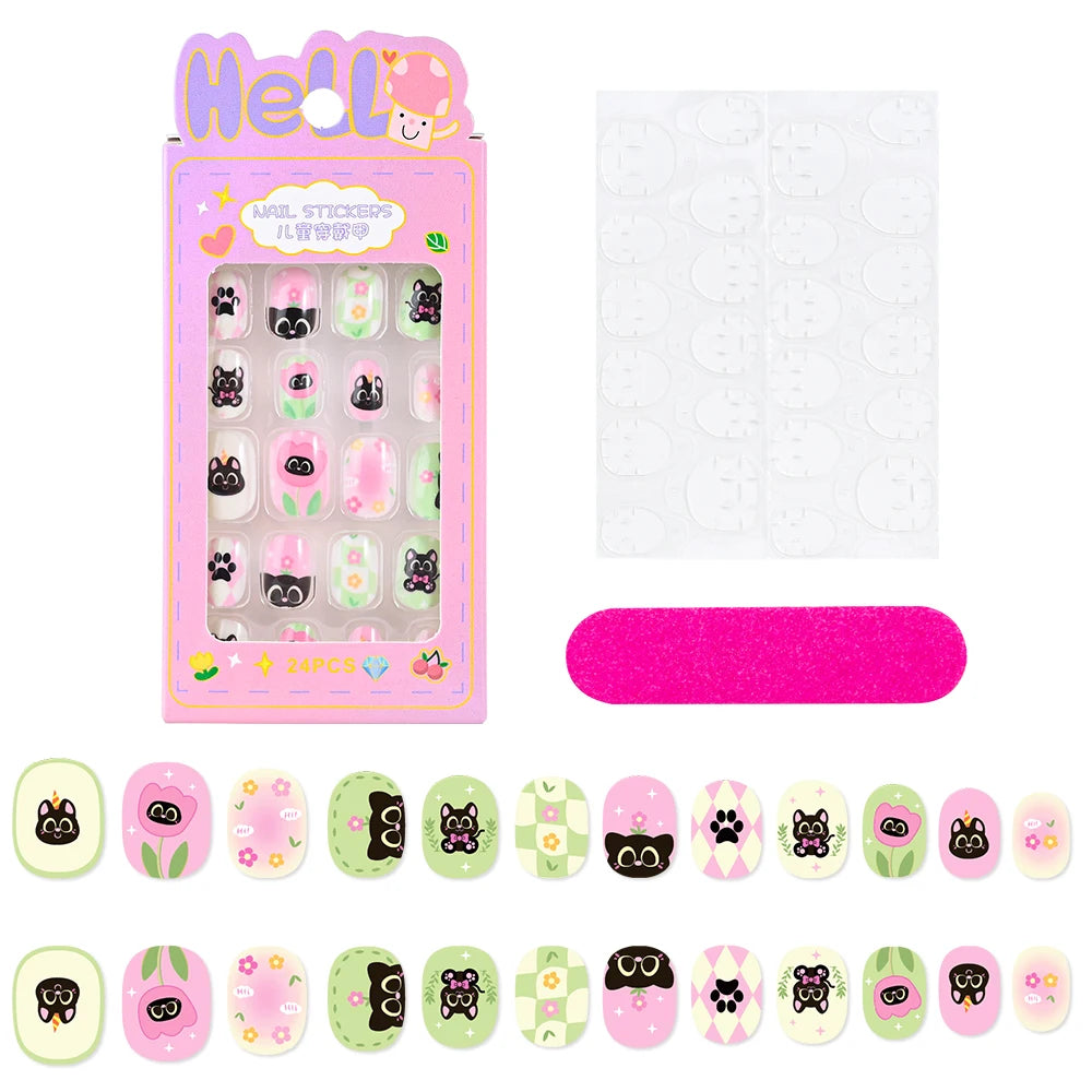 24 Pçs/caixa Unhas infantis para meninas, padrão de desenho animado, unhas postiças fofas para crianças, pontas de unhas falsas kawaii acrílicas artificiais de pressão na unha + ferramenta