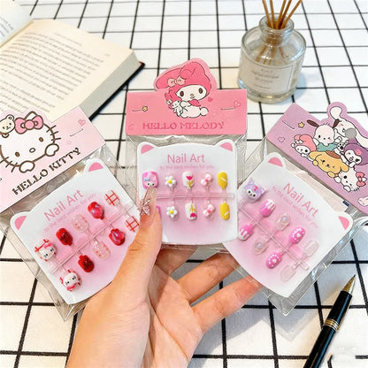 Unhas Postiças Infantis Sanrio, Desenho Animado Fofo Kuromi Hello Kitty, Unhas Falsas para Bebês, Presente para Meninas, Brinquedos, Pontas de Unha para Meninas