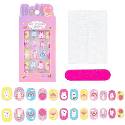 24 Pçs/caixa Unhas infantis para meninas, padrão de desenho animado, unhas postiças fofas para crianças, pontas de unhas falsas kawaii acrílicas artificiais de pressão na unha + ferramenta