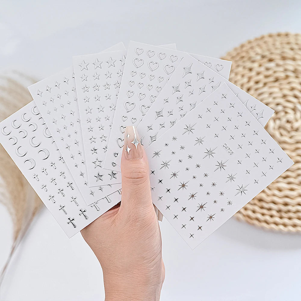 6 folhas de adesivos de unhas de metal prateado, adesivos metálicos 3D de arte de unhas de estrela, decalques autoadesivos de arte de unhas, corrente de metal, coração