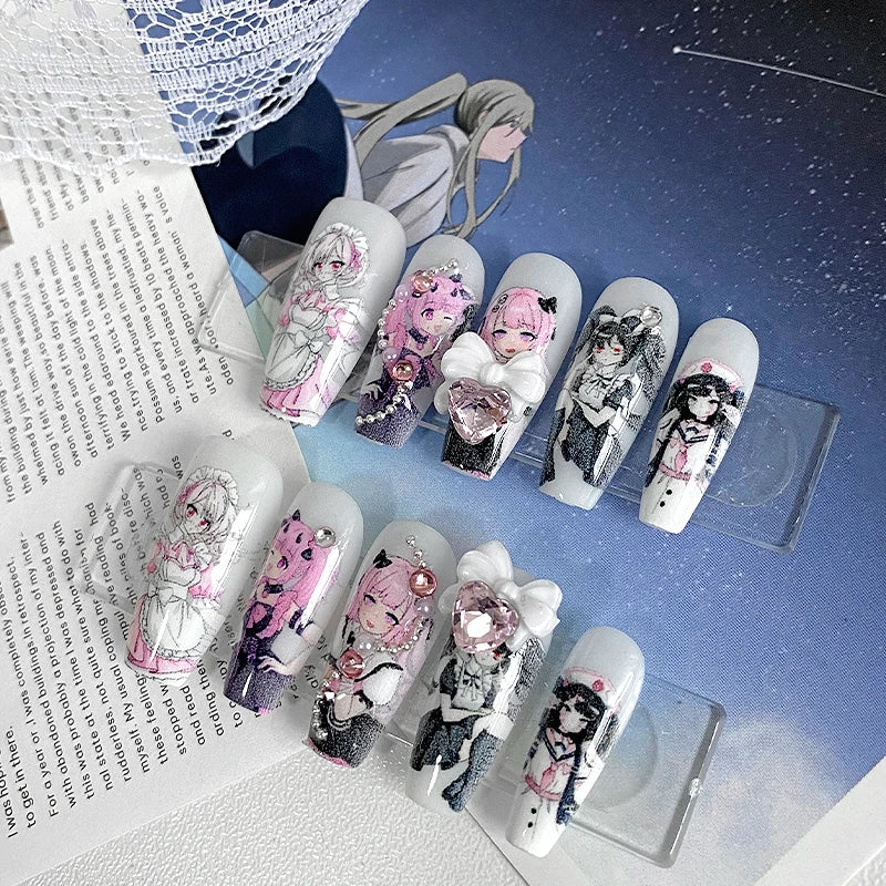 Kit com 10 Unhas Postiças Artesanais — Formato Caixão ABS | Estilo Maid Anime | Padrão Loli | Renda & Ballet
