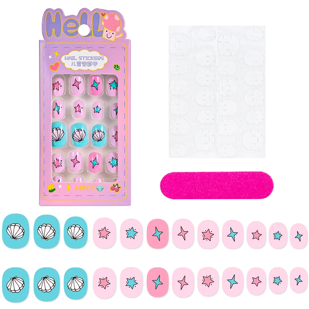 24 Pçs/caixa Unhas infantis para meninas, padrão de desenho animado, unhas postiças fofas para crianças, pontas de unhas falsas kawaii acrílicas artificiais de pressão na unha + ferramenta