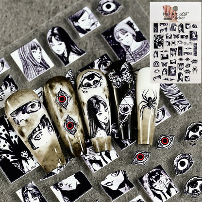 Adesivo de Unha 5D em Relevo para Halloween, Estilo Horror Japonês, Desenhos de Meninas, Aranha/Olhos, Decalques de Unhas de Personagens de Anime