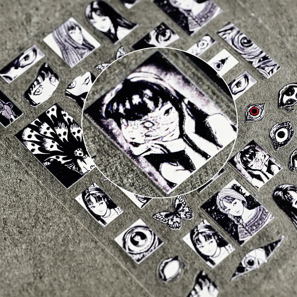 Adesivo de Unha 5D em Relevo para Halloween, Estilo Horror Japonês, Desenhos de Meninas, Aranha/Olhos, Decalques de Unhas de Personagens de Anime