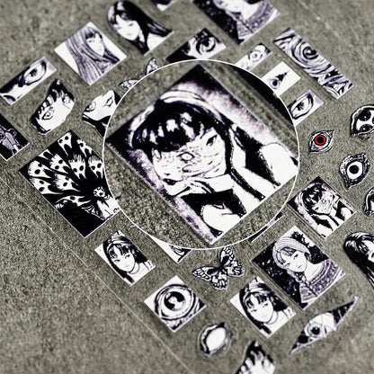 Adesivo de Unha 5D em Relevo para Halloween, Estilo Horror Japonês, Desenhos de Meninas, Aranha/Olhos, Decalques de Unhas de Personagens de Anime