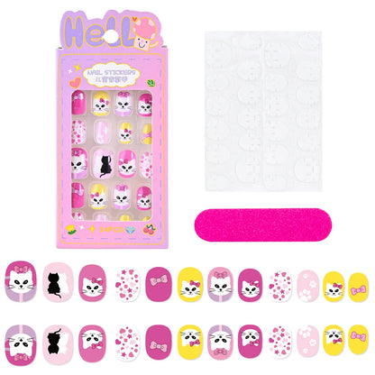 24 Pçs/caixa Unhas infantis para meninas, padrão de desenho animado, unhas postiças fofas para crianças, pontas de unhas falsas kawaii acrílicas artificiais de pressão na unha + ferramenta