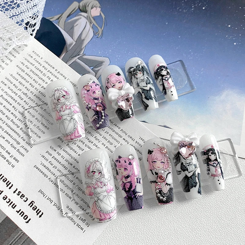 Kit com 10 Unhas Postiças Artesanais — Formato Caixão ABS | Estilo Maid Anime | Padrão Loli | Renda & Ballet