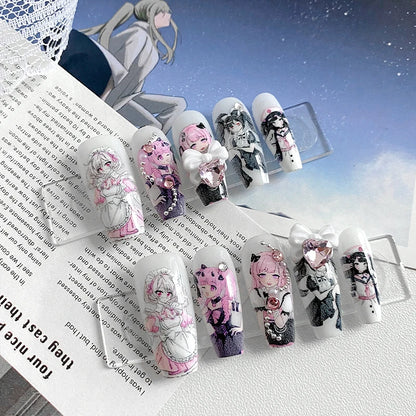 Kit com 10 Unhas Postiças Artesanais — Formato Caixão ABS | Estilo Maid Anime | Padrão Loli | Renda & Ballet