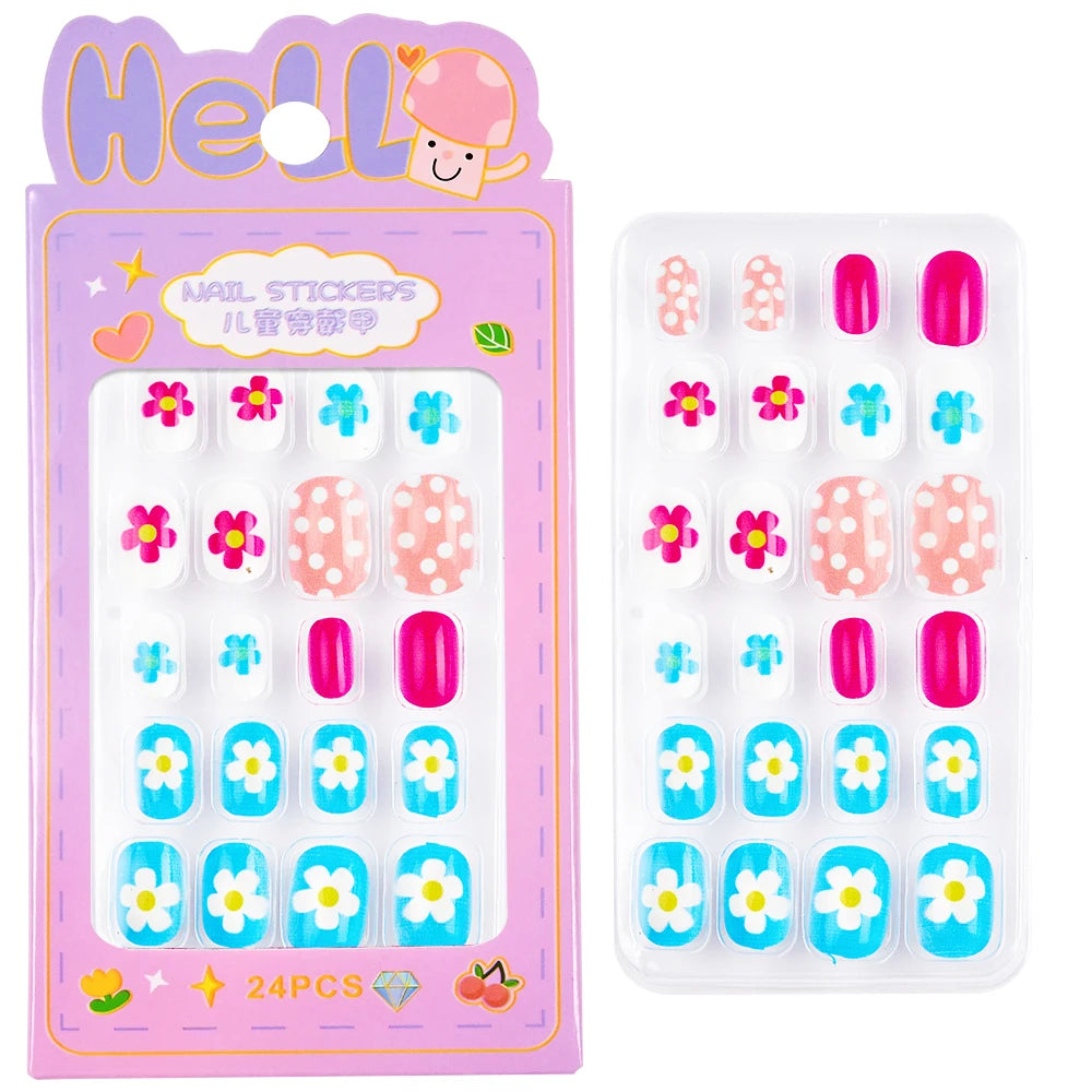 24 Pçs/caixa Unhas infantis para meninas, padrão de desenho animado, unhas postiças fofas para crianças, pontas de unhas falsas kawaii acrílicas artificiais de pressão na unha + ferramenta