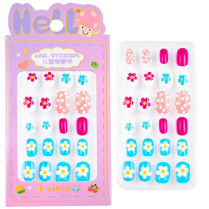24 Pçs/caixa Unhas infantis para meninas, padrão de desenho animado, unhas postiças fofas para crianças, pontas de unhas falsas kawaii acrílicas artificiais de pressão na unha + ferramenta