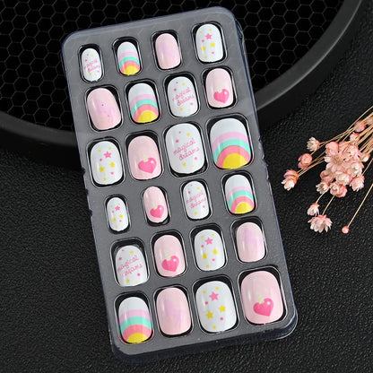 24 Pçs/caixa Unhas infantis para meninas, padrão de desenho animado, unhas postiças fofas para crianças, pontas de unhas falsas kawaii acrílicas artificiais de pressão na unha + ferramenta