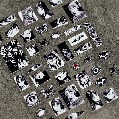 Adesivo de Unha 5D em Relevo para Halloween, Estilo Horror Japonês, Desenhos de Meninas, Aranha/Olhos, Decalques de Unhas de Personagens de Anime