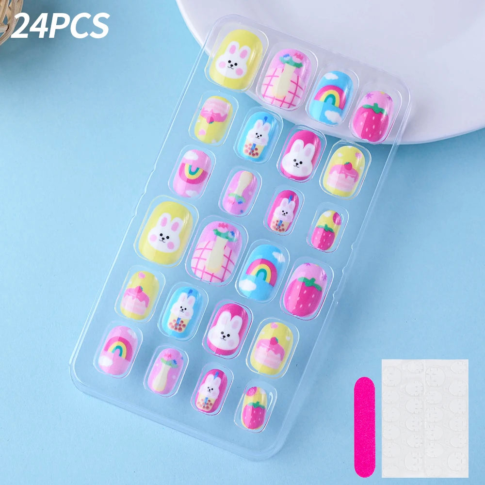 24 Pçs/caixa Unhas infantis para meninas, padrão de desenho animado, unhas postiças fofas para crianças, pontas de unhas falsas kawaii acrílicas artificiais de pressão na unha + ferramenta