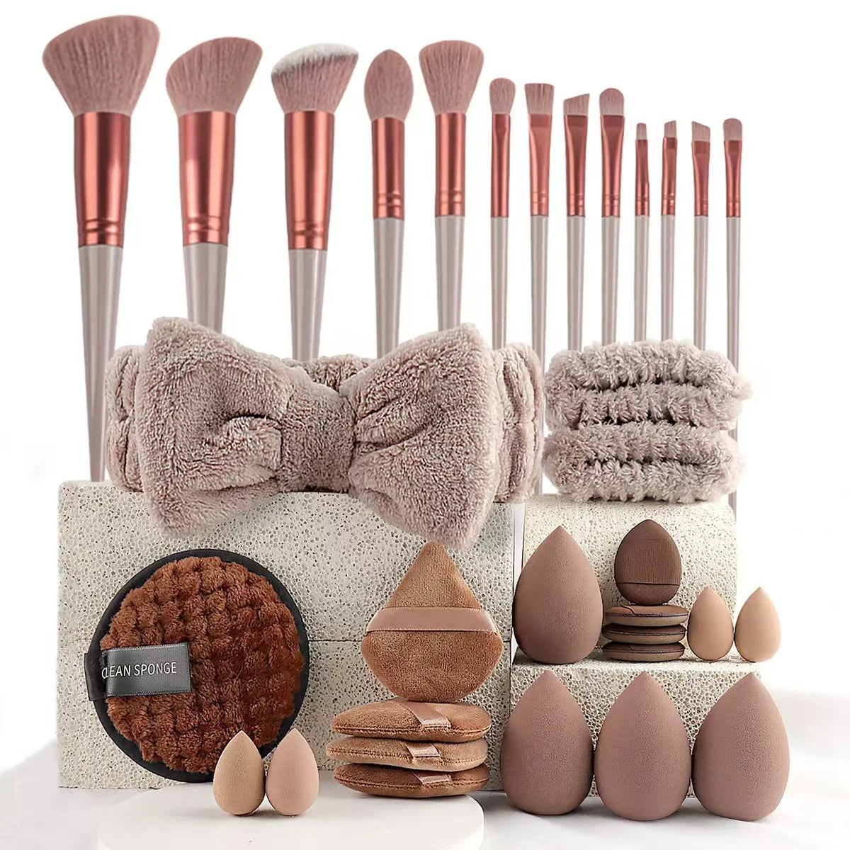 Conjunto de maquiagem de 33 peças, kit de beleza com esponjas de beleza grandes e pequenas para aplicação e remoção de maquiagem impecável, conjunto completo.