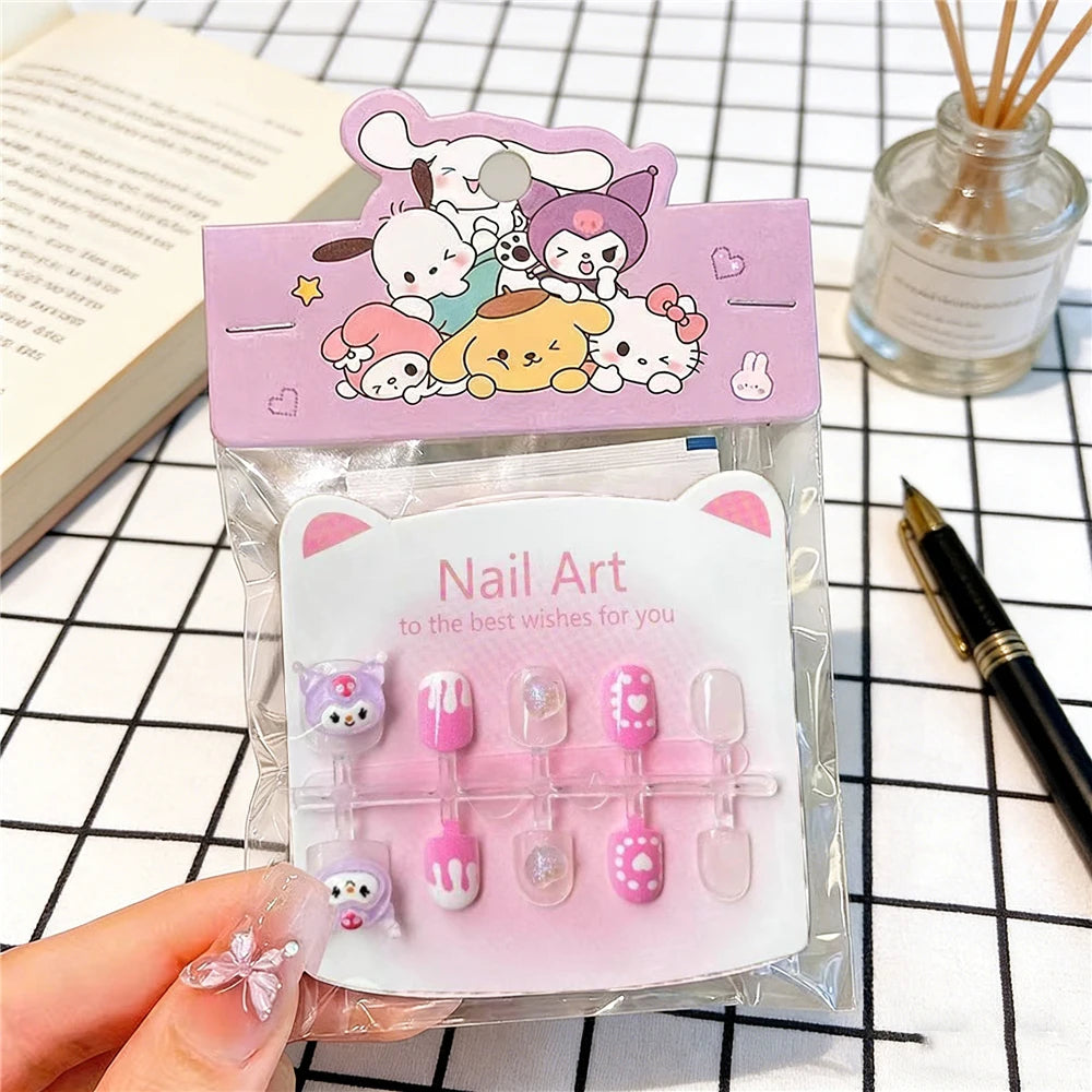 Unhas Postiças Infantis Sanrio, Desenho Animado Fofo Kuromi Hello Kitty, Unhas Falsas para Bebês, Presente para Meninas, Brinquedos, Pontas de Unha para Meninas