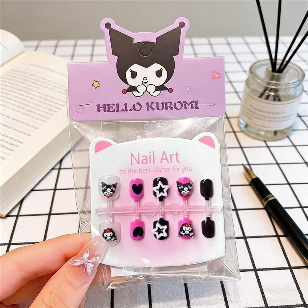 Unhas Postiças Infantis Sanrio, Desenho Animado Fofo Kuromi Hello Kitty, Unhas Falsas para Bebês, Presente para Meninas, Brinquedos, Pontas de Unha para Meninas