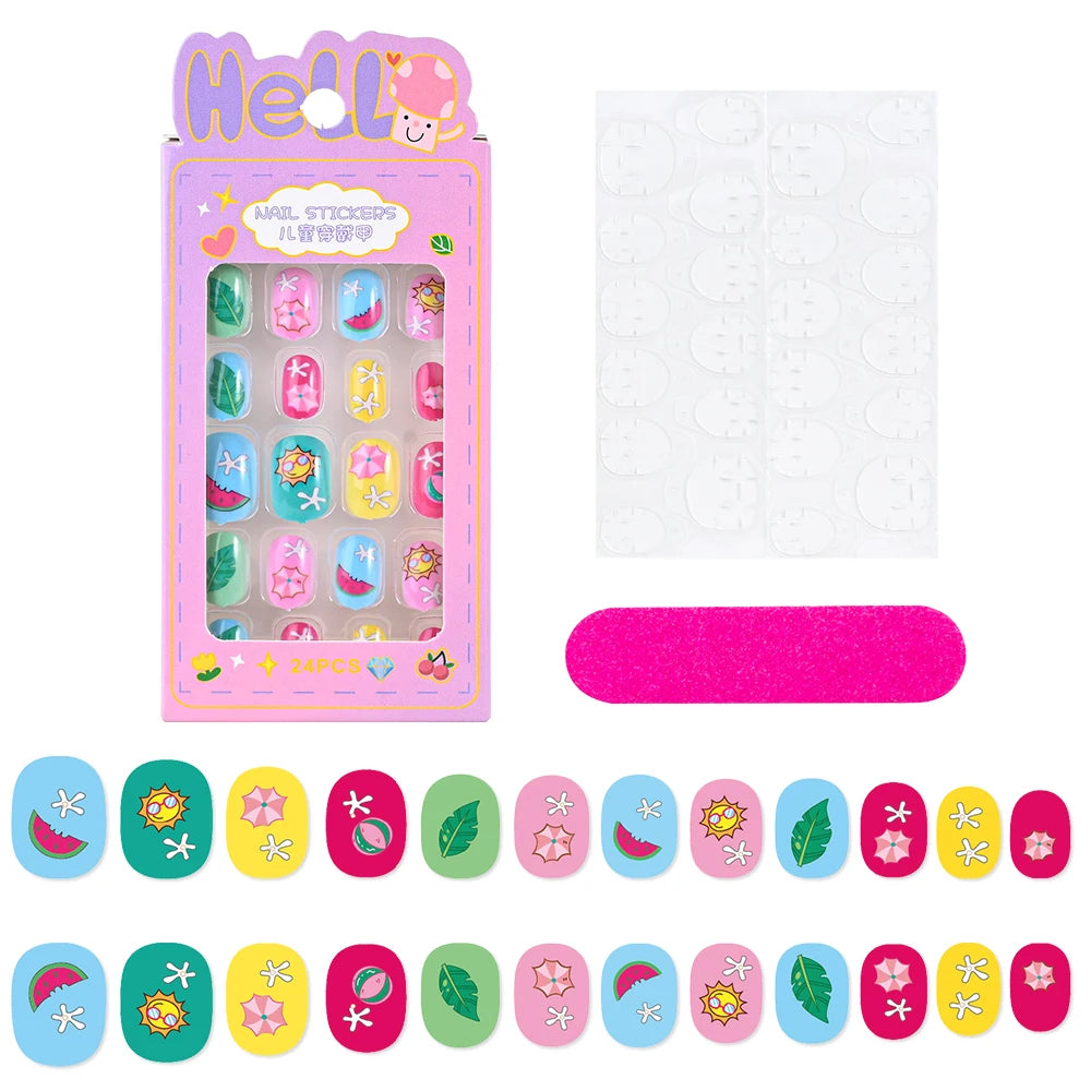 24 Pçs/caixa Unhas infantis para meninas, padrão de desenho animado, unhas postiças fofas para crianças, pontas de unhas falsas kawaii acrílicas artificiais de pressão na unha + ferramenta