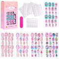 120 Unhas Postiças Infantis, Unhas de Acrílico com Desenhos Animados para Crianças, Unhas Curtas Kawaii para Meninas com Cobertura Total, Unhas Falsas com Cola de Gel#@