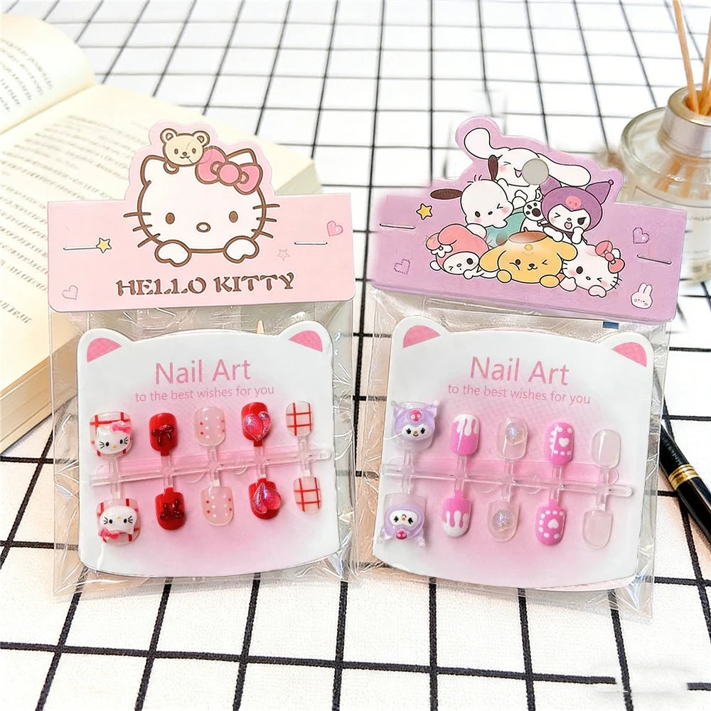 Unhas Postiças Infantis Sanrio, Desenho Animado Fofo Kuromi Hello Kitty, Unhas Falsas para Bebês, Presente para Meninas, Brinquedos, Pontas de Unha para Meninas