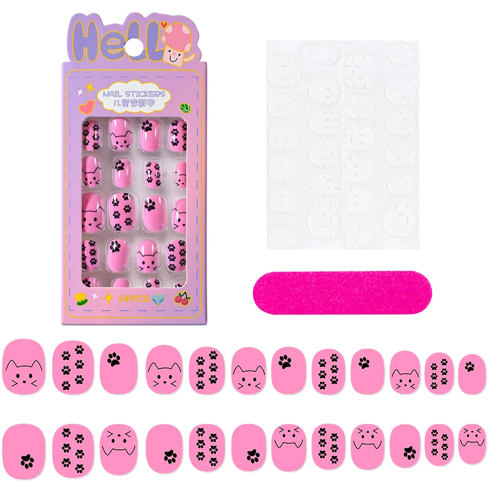 24 Pçs/caixa Unhas infantis para meninas, padrão de desenho animado, unhas postiças fofas para crianças, pontas de unhas falsas kawaii acrílicas artificiais de pressão na unha + ferramenta