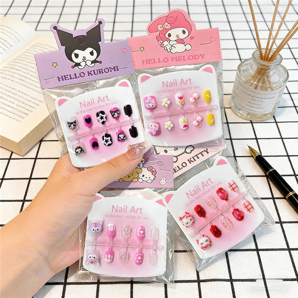 Unhas Postiças Infantis Sanrio, Desenho Animado Fofo Kuromi Hello Kitty, Unhas Falsas para Bebês, Presente para Meninas, Brinquedos, Pontas de Unha para Meninas