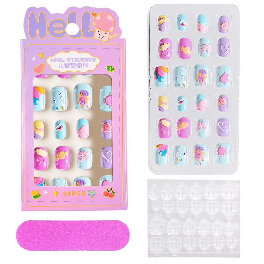 24 Pçs/caixa Unhas infantis para meninas, padrão de desenho animado, unhas postiças fofas para crianças, pontas de unhas falsas kawaii acrílicas artificiais de pressão na unha + ferramenta