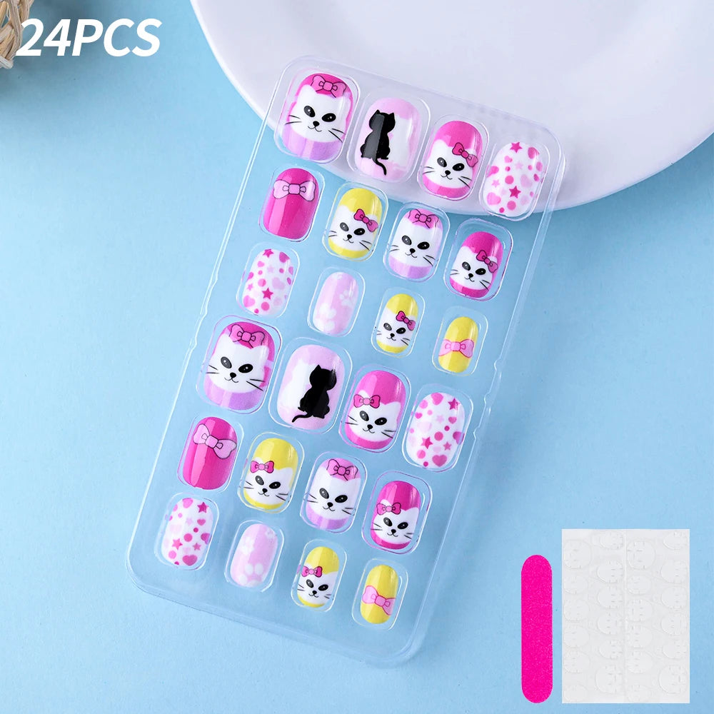 24 Pçs/caixa Unhas infantis para meninas, padrão de desenho animado, unhas postiças fofas para crianças, pontas de unhas falsas kawaii acrílicas artificiais de pressão na unha + ferramenta
