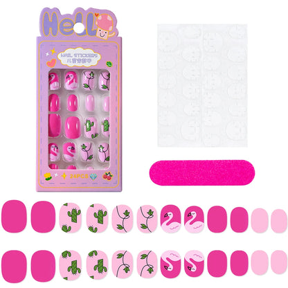 24 Pçs/caixa Unhas infantis para meninas, padrão de desenho animado, unhas postiças fofas para crianças, pontas de unhas falsas kawaii acrílicas artificiais de pressão na unha + ferramenta
