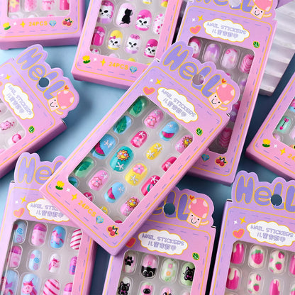 24 Pçs/caixa Unhas infantis para meninas, padrão de desenho animado, unhas postiças fofas para crianças, pontas de unhas falsas kawaii acrílicas artificiais de pressão na unha + ferramenta