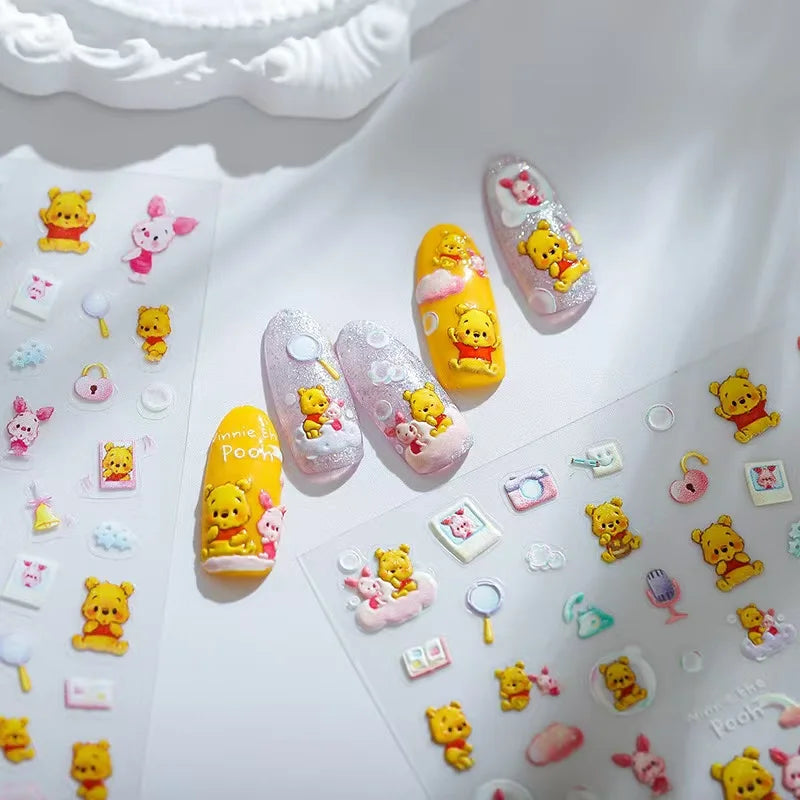 adesivo de unha 5D em relevo, novo desenho animado da Disney, Ursinho Pooh, adesivo de pressão para unhas, adesivo de anime