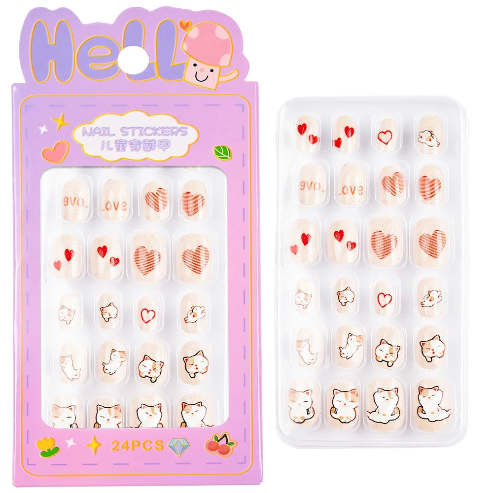 24 Pçs/caixa Unhas infantis para meninas, padrão de desenho animado, unhas postiças fofas para crianças, pontas de unhas falsas kawaii acrílicas artificiais de pressão na unha + ferramenta