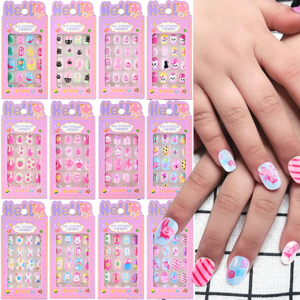 24 Pçs/caixa Unhas infantis para meninas, padrão de desenho animado, unhas postiças fofas para crianças, pontas de unhas falsas kawaii acrílicas artificiais de pressão na unha + ferramenta