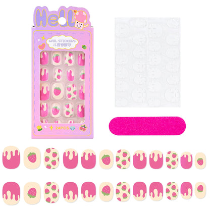 24 Pçs/caixa Unhas infantis para meninas, padrão de desenho animado, unhas postiças fofas para crianças, pontas de unhas falsas kawaii acrílicas artificiais de pressão na unha + ferramenta